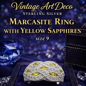 Vintage .925 Sterling Silver Marcasite Ring With Yellow Sapphires